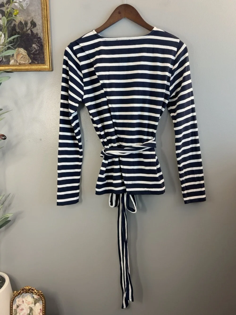 J.Crew Navy White Striped Crossover Back Tie Waist Cotton Top Small
